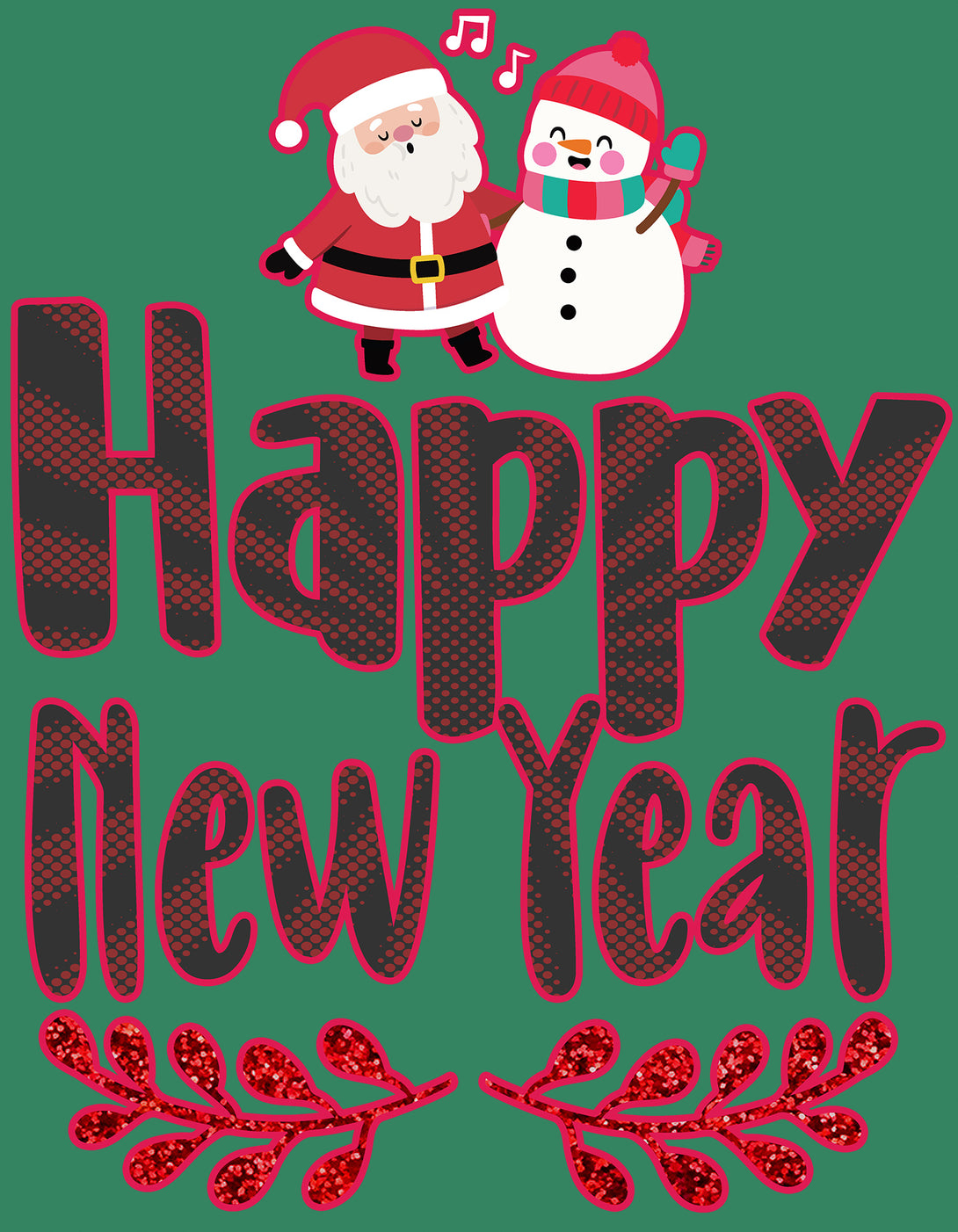 NYE Happy New Year Santa Sparkle Snowman Bling Cute Family Women's T-Shirt Green - Urban Species Design Close Up