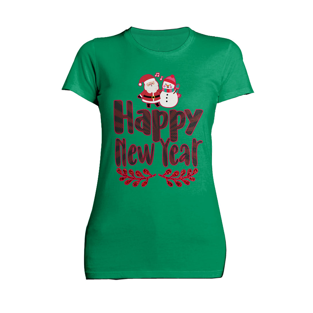 NYE Happy New Year Santa Sparkle Snowman Bling Cute Family Women's T-Shirt Green - Urban Species