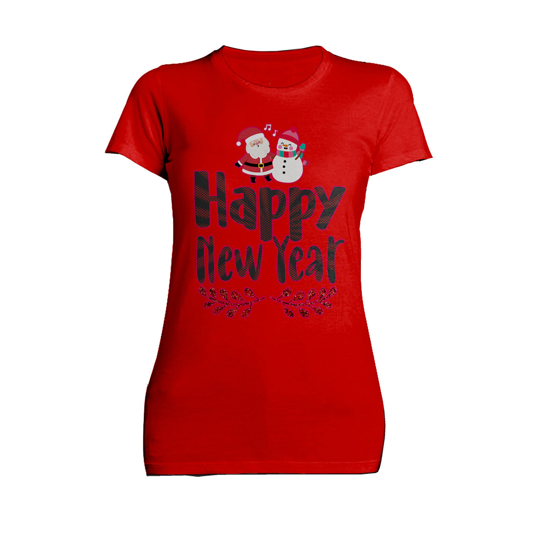 NYE Happy New Year Santa Sparkle Snowman Bling Cute Family Women's T-Shirt Red - Urban Species