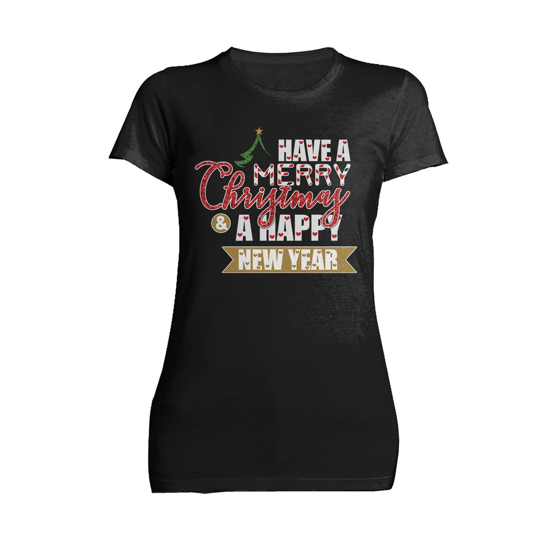 NYE Merry Christmas Happy New Year Hearts Party Xmas Eve Women's T-Shirt Black - Urban Species