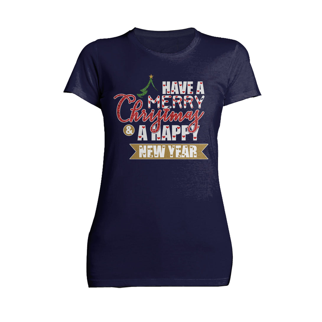 NYE Merry Christmas Happy New Year Hearts Party Xmas Eve Women's T-Shirt Navy - Urban Species