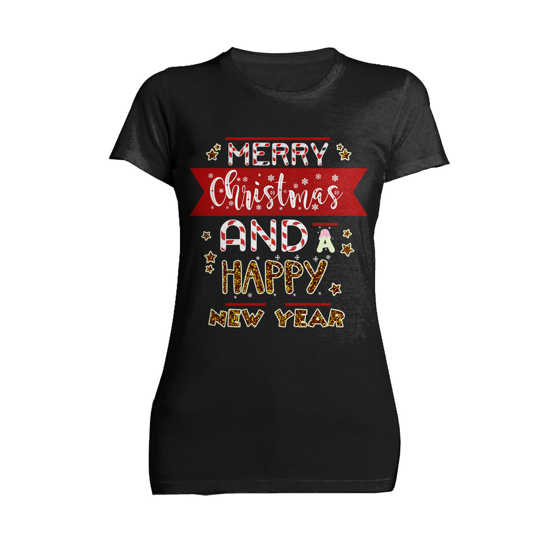NYE Merry Christmas Stripes Happy New Year Sparkle Party Women's T-Shirt Black - Urban Species
