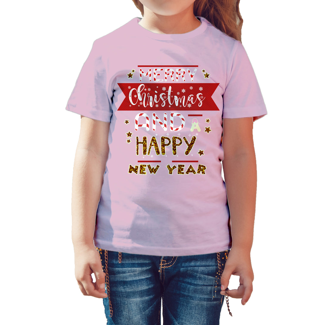 NYE Merry Christmas Stripes Happy New Year Sparkle Party Kid's T-Shirt Pink - Urban Species