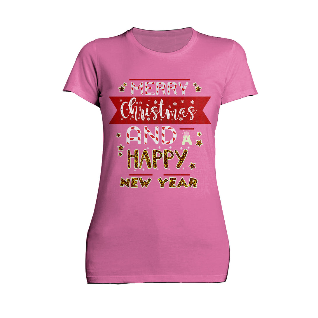 NYE Merry Christmas Stripes Happy New Year Sparkle Party Women's T-Shirt Pink - Urban Species