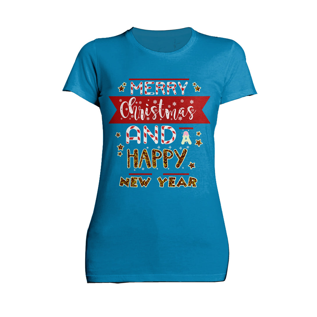 NYE Merry Christmas Stripes Happy New Year Sparkle Party Women's T-Shirt Turquoise - Urban Species