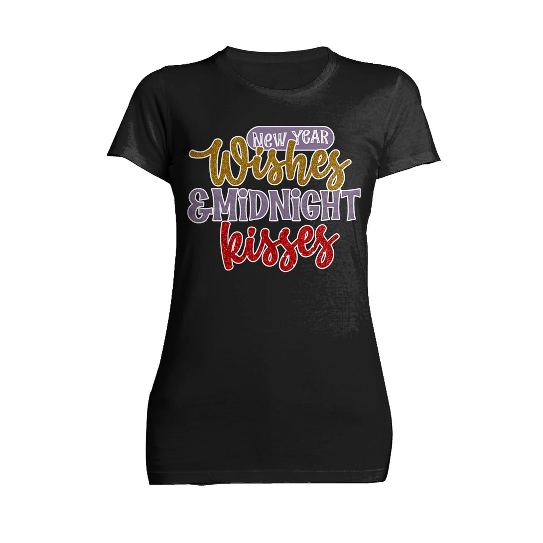 NYE New Year Wishes Midnight Kisses Eve Party Cute Couples Women's T-Shirt Black - Urban Species