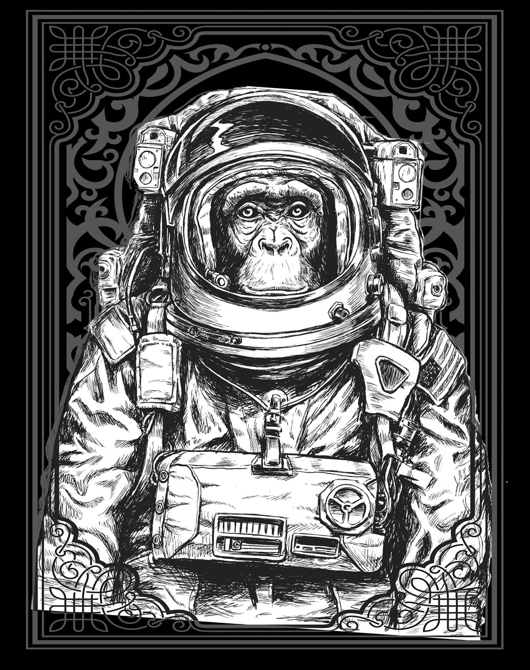 Science Space Monkey Astronaut Launch Nerdy Geek Chic Ironic Official Youth T-shirt Black - Urban Species Design Close Up