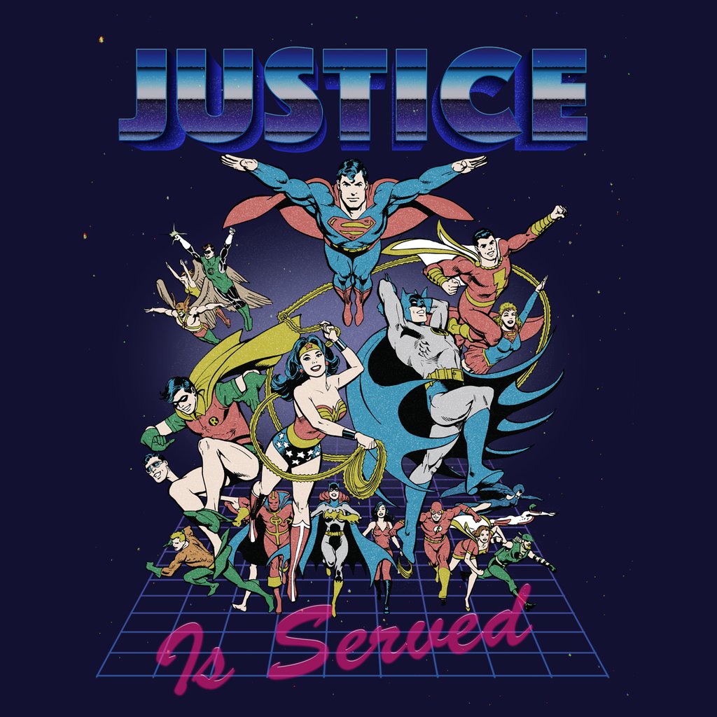 DC Comics Justice League Retro 80s Served Official Men's T-shirt Black - Urban Species Design Close Up