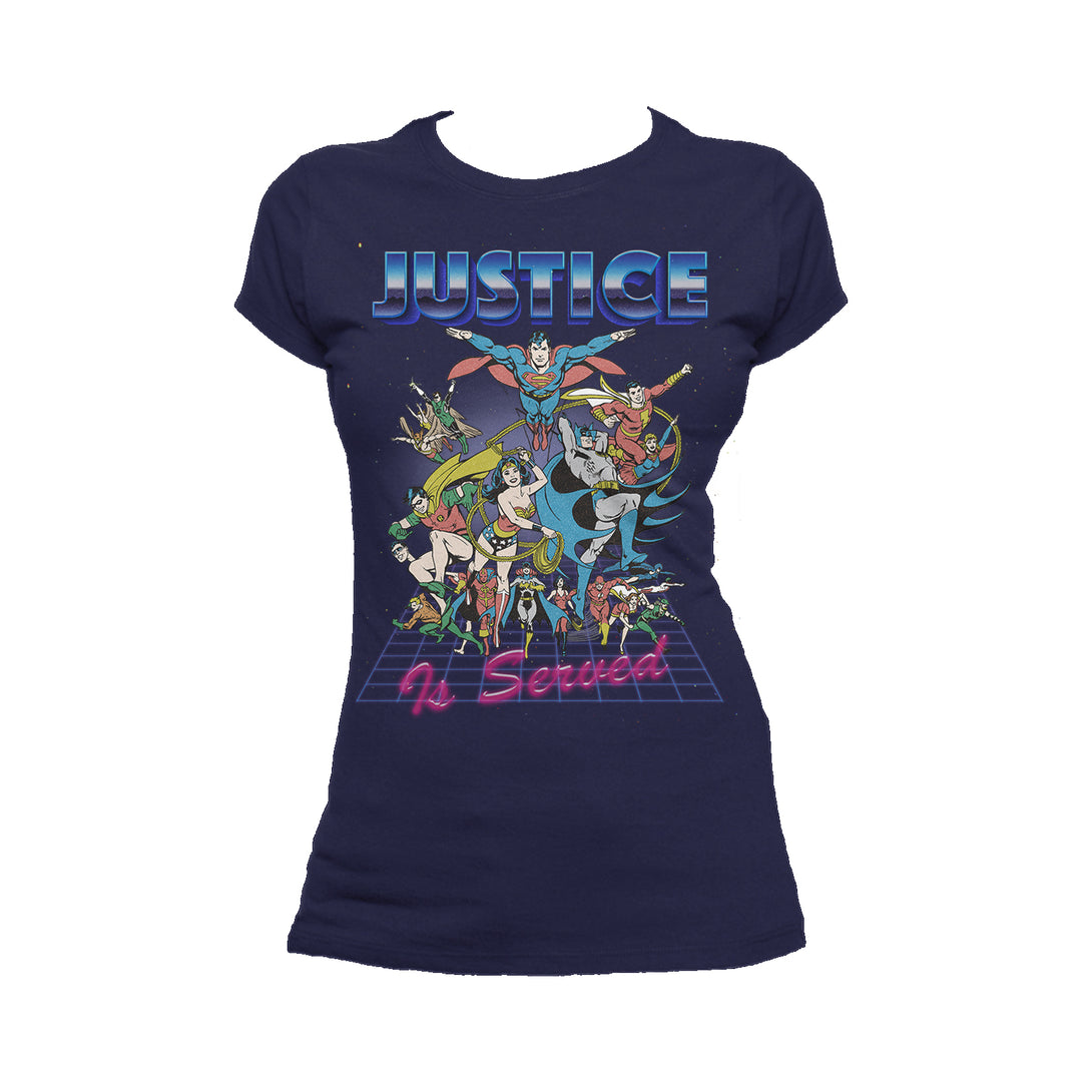 DC Comics Justice League Retro 80s Served Official Women's T-shirt Navy - Urban Species