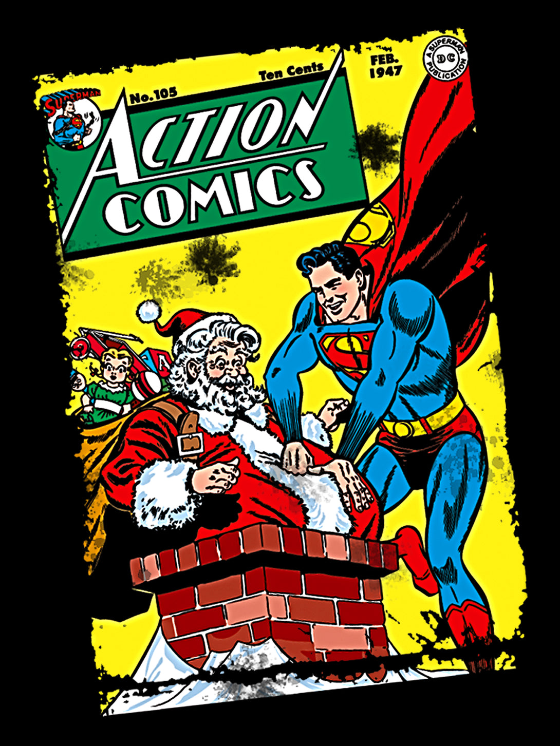 DC Comics Superman Cover 105 Xmas Men's T-Shirt Black - Urban Species Design Close Up