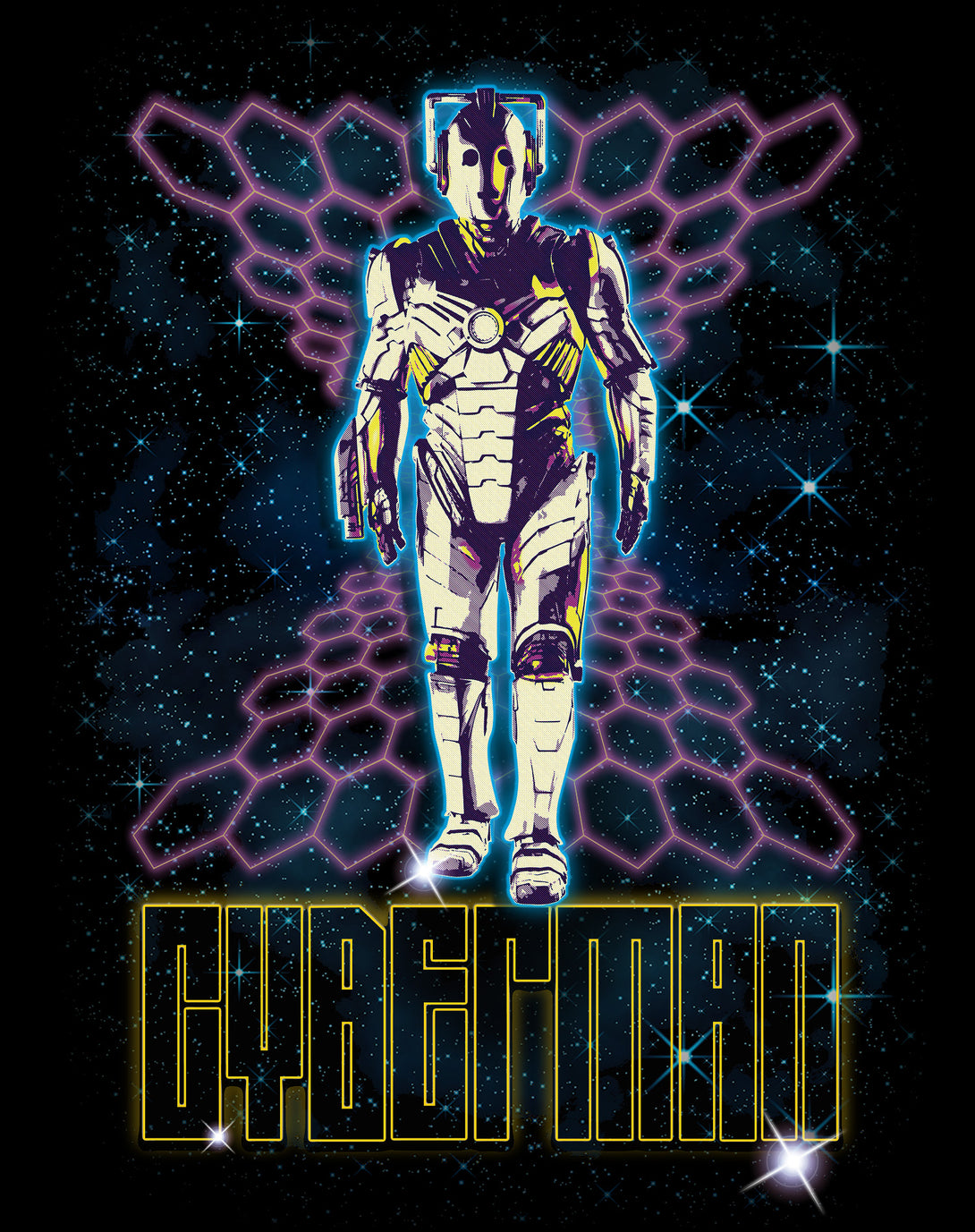 Doctor Who 80s Neon Cyberman Official Men's T-shirt Black - Urban Species Design Close Up