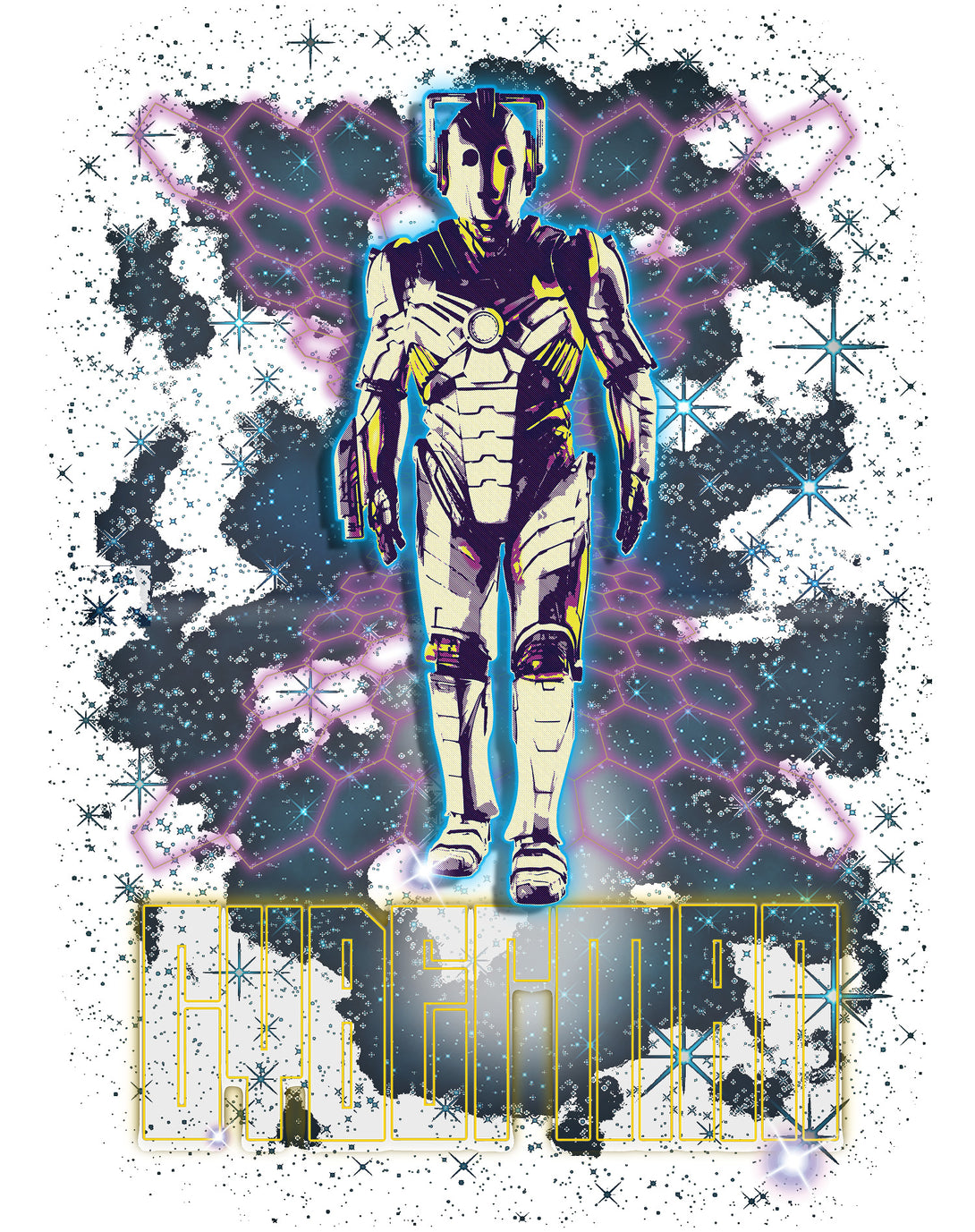 Doctor Who 80s Neon Cyberman Official Men's T-shirt White - Urban Species Design Close Up
