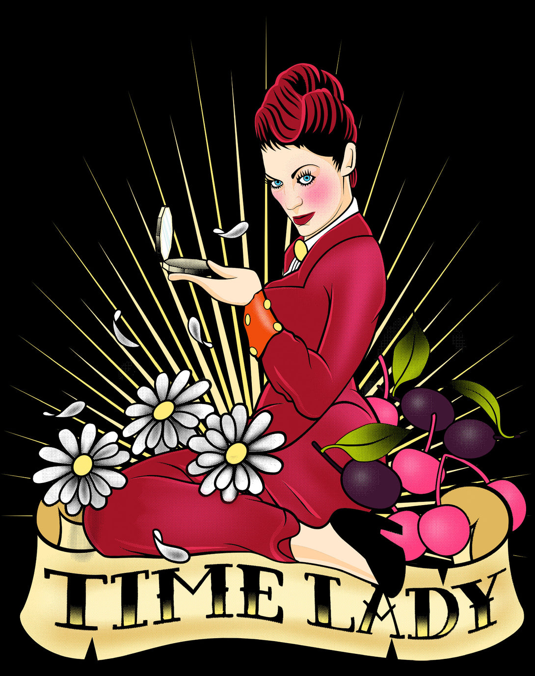 Doctor Who Rockabilly Missy Time Lady Official Men's T-shirt Black - Urban Species Design Close Up