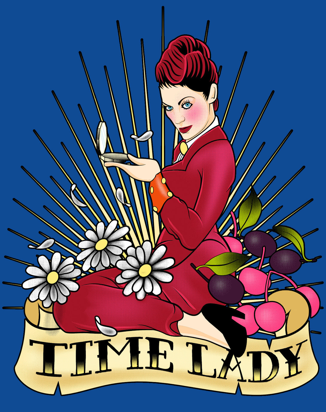 Doctor Who Rockabilly Missy Time Lady Official Men's T-shirt Blue - Urban Species Design Close Up