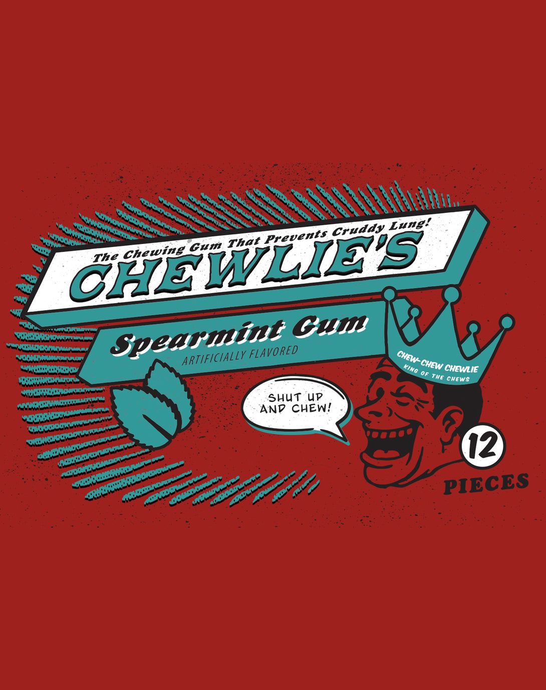 Kevin Smith Clerks 3 Chewlie's Spearmint Gum Vintage Logo Official Men's T-Shirt Red - Urban Species Design Close Up