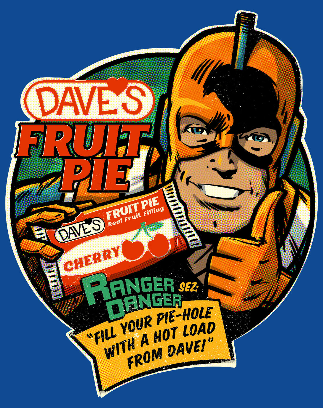 Kevin Smith Clerks 3 Dave's Fruit Pie Ranger Danger Vintage Logo Official Men's T-Shirt Blue - Urban Species Design Close Up