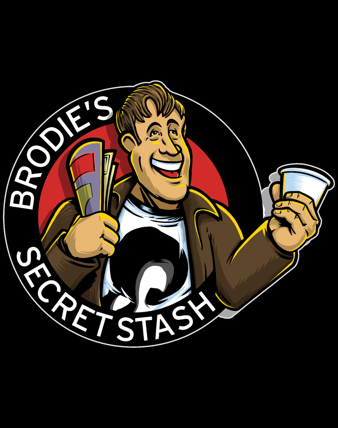 Kevin Smith Jay & Silent Bob Reboot Brodie's Secret Stash Comic Book Store Logo Official Men's T-Shirt Black - Urban Species Design Close Up