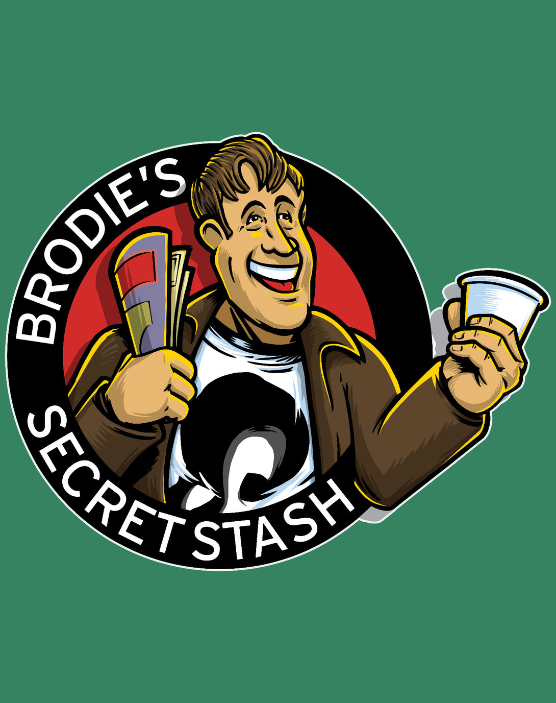 Kevin Smith Jay & Silent Bob Reboot Brodie's Secret Stash Comic Book Store Logo Official Men's T-Shirt Green - Urban Species Design Close Up