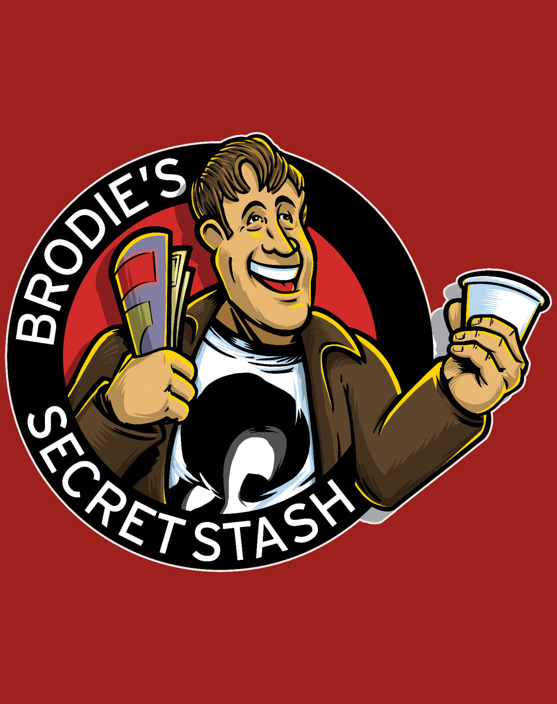 Kevin Smith Jay & Silent Bob Reboot Brodie's Secret Stash Comic Book Store Logo Official Men's T-Shirt Red - Urban Species Design Close Up