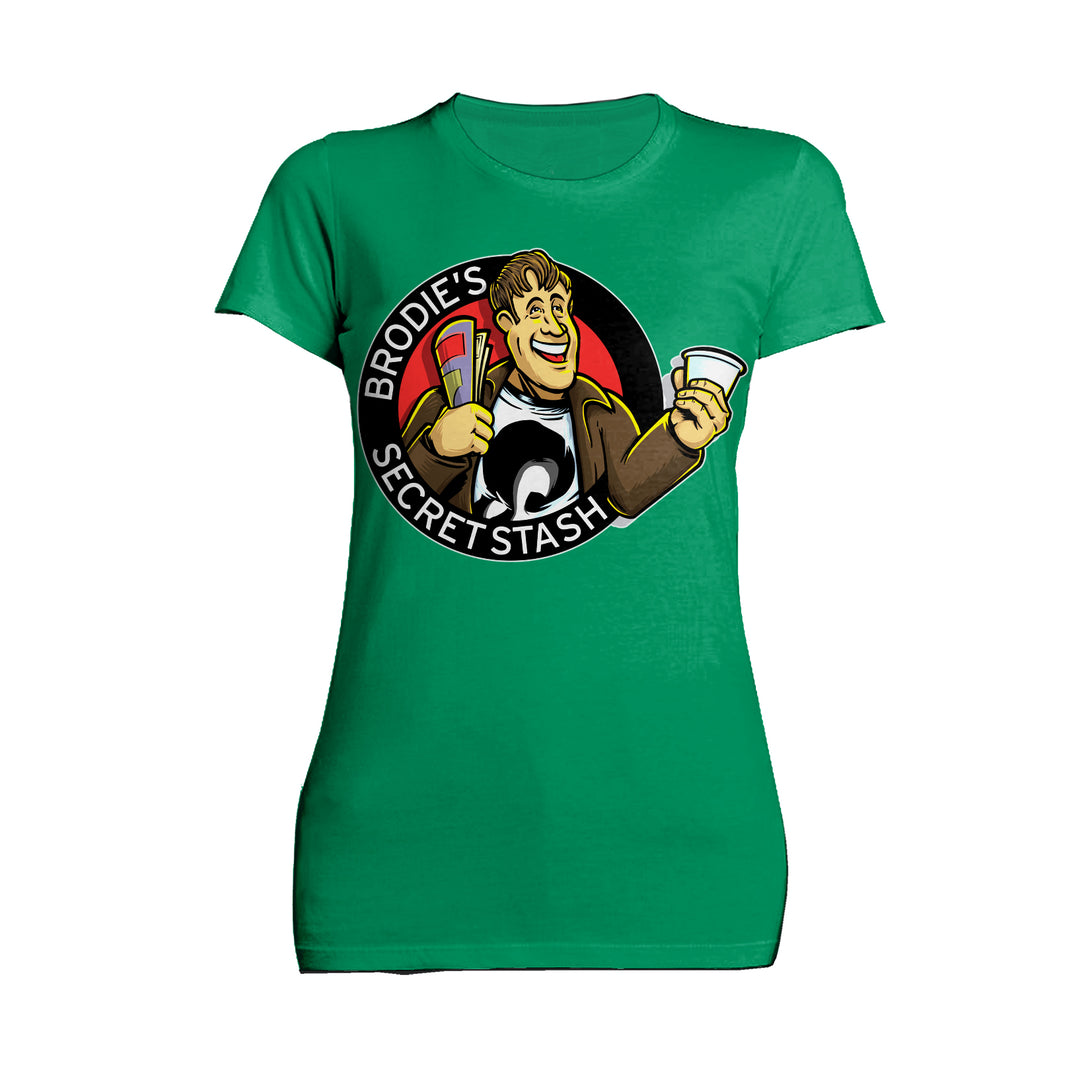 Kevin Smith Jay & Silent Bob Reboot Brodie's Secret Stash Comic Book Store Logo Official Women's T-Shirt Green - Urban Species
