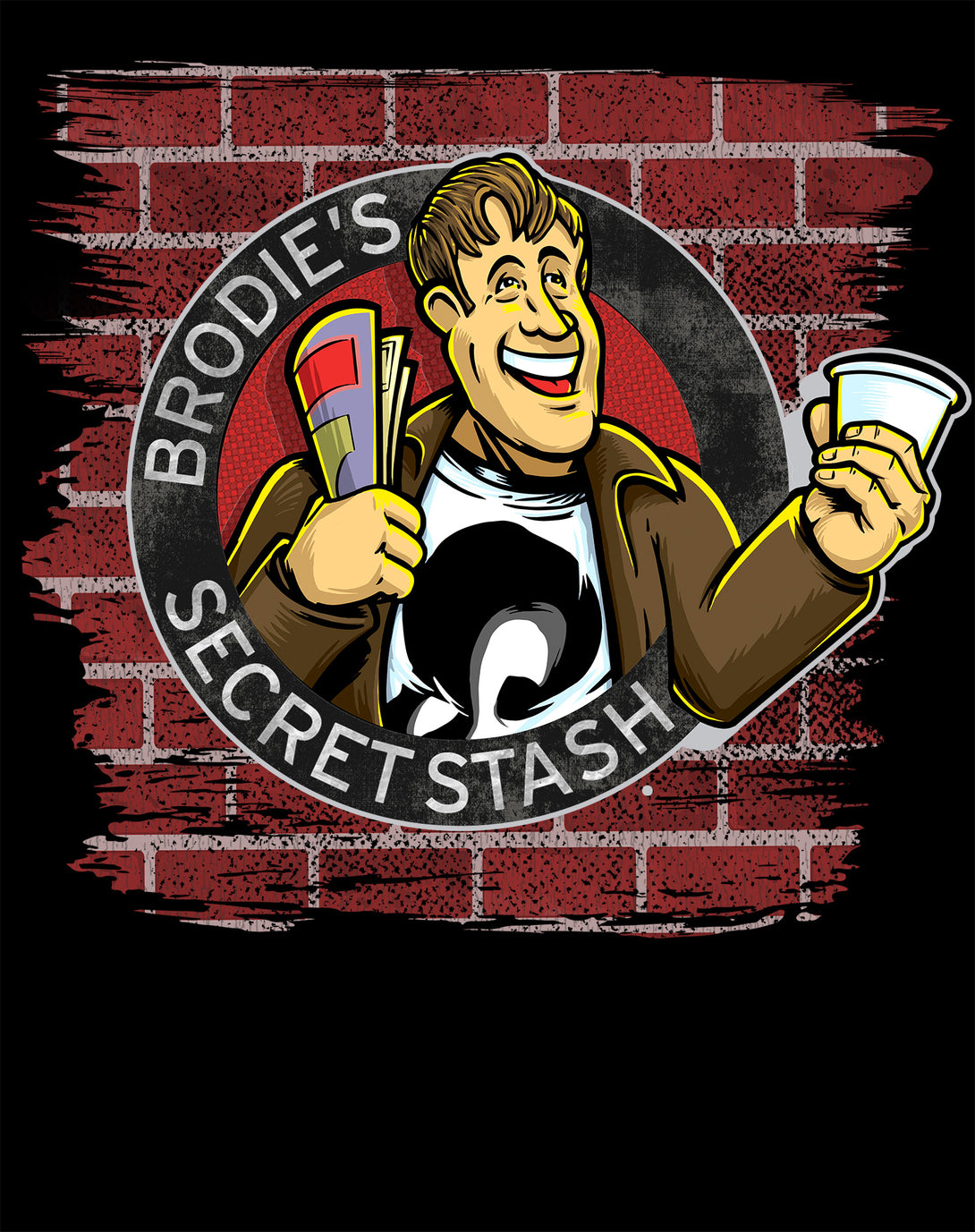 Kevin Smith Jay & Silent Bob Reboot Brodie's Secret Stash Store Logo Wall Official Men's T-Shirt Black - Urban Species Design Close Up