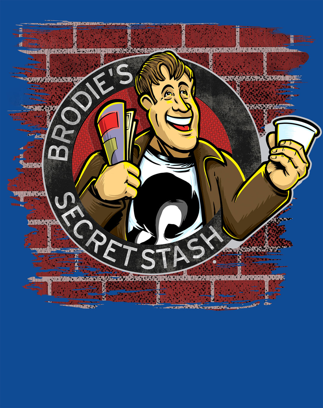 Kevin Smith Jay & Silent Bob Reboot Brodie's Secret Stash Store Logo Wall Official Men's T-Shirt Blue - Urban Species Design Close Up