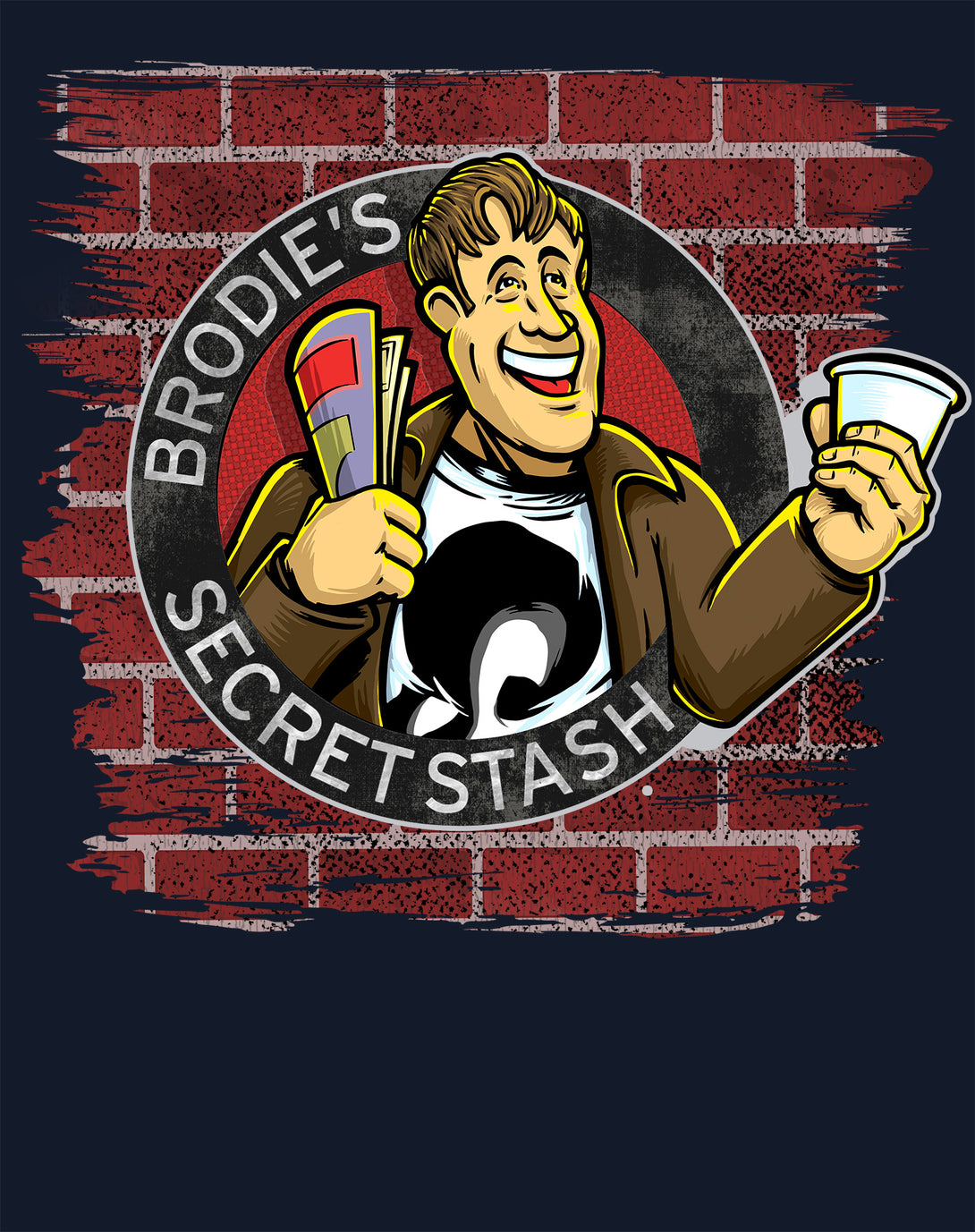 Kevin Smith Jay & Silent Bob Reboot Brodie's Secret Stash Store Logo Wall Official Men's T-Shirt Navy - Urban Species Design Close Up