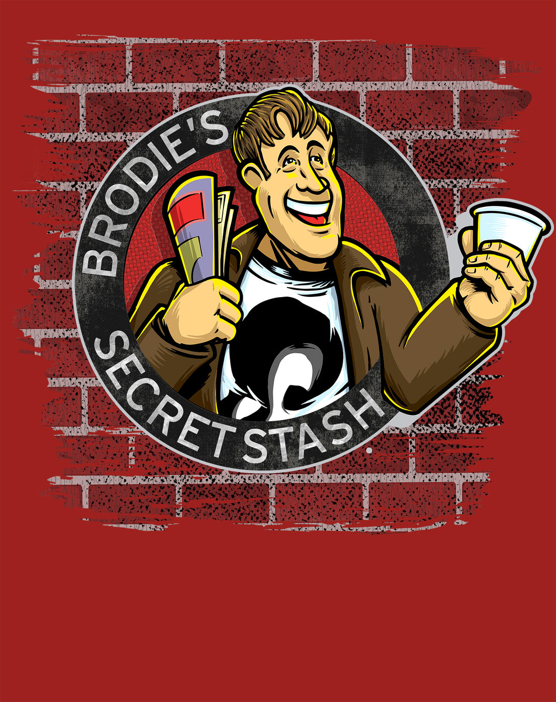Kevin Smith Jay & Silent Bob Reboot Brodie's Secret Stash Store Logo Wall Official Men's T-Shirt Red - Urban Species Design Close Up