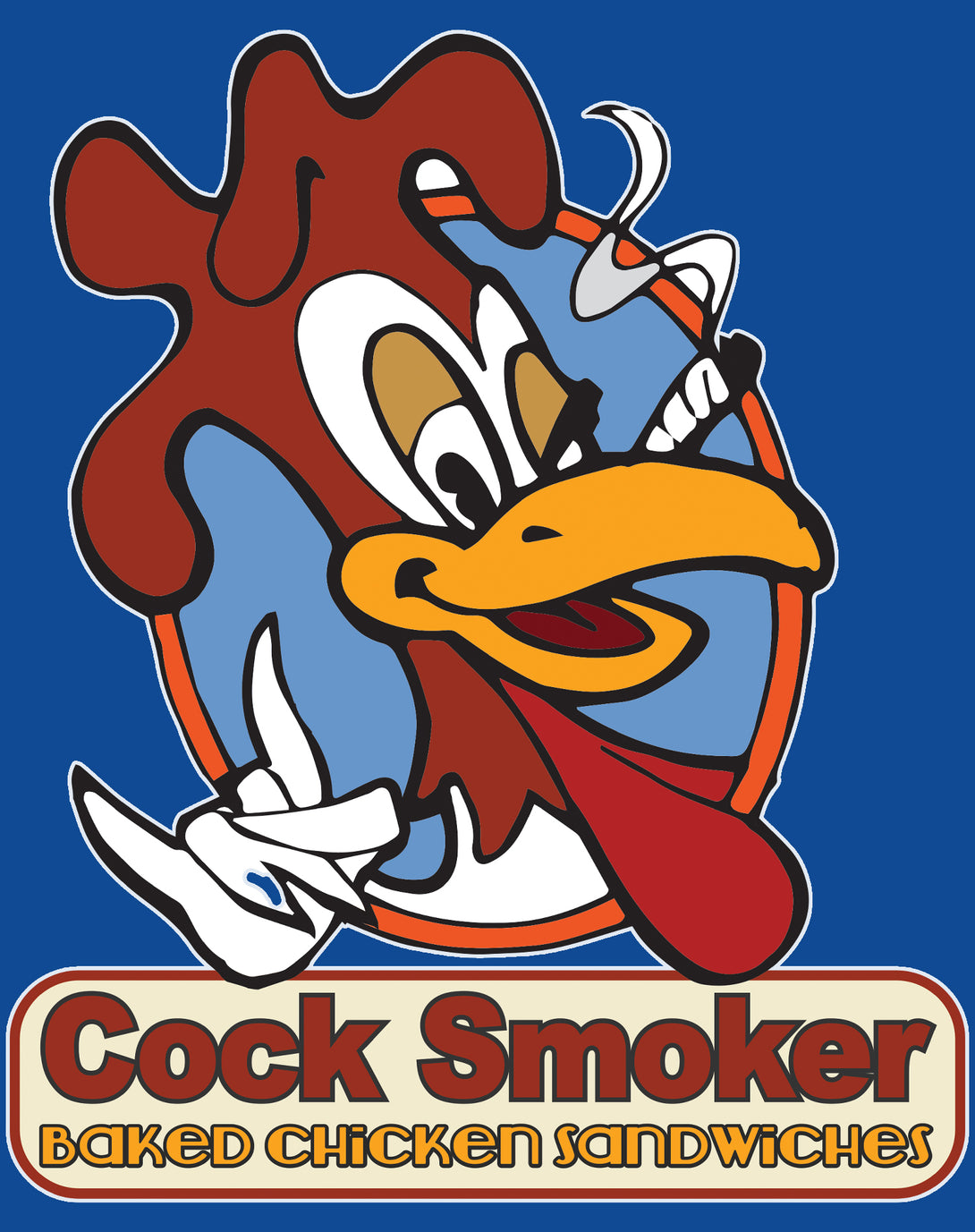 Kevin Smith Jay & Silent Bob Reboot Cock Smoker Baked Chicken Sandwiches Logo Official Men's T-Shirt Blue - Urban Species Design Close Up