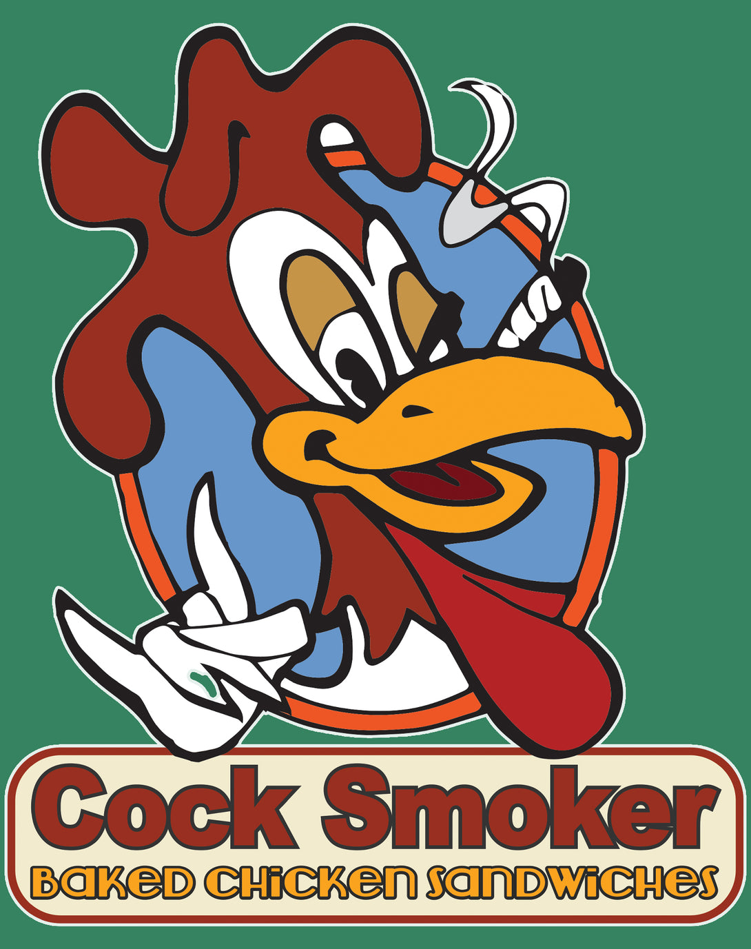 Kevin Smith Jay & Silent Bob Reboot Cock Smoker Baked Chicken Sandwiches Logo Official Men's T-Shirt Green - Urban Species Design Close Up