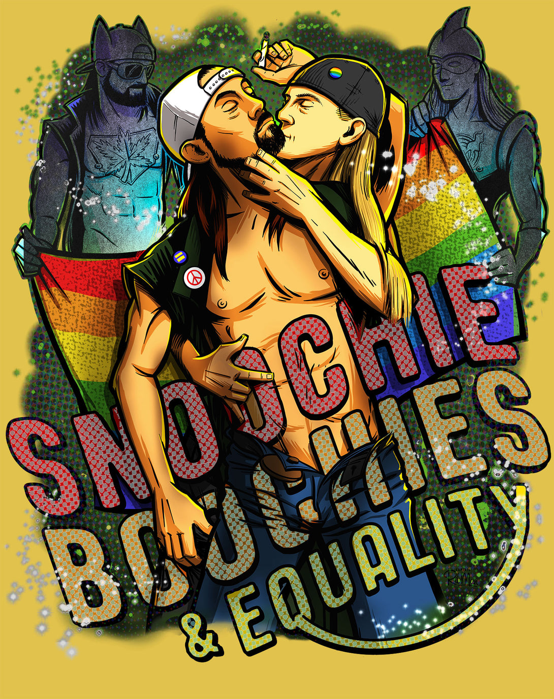 Kevin Smith Jay & Silent Bob Reboot LGBTQ Splash LDN Edition Official Men's T-Shirt Yellow - Urban Species Design Close Up