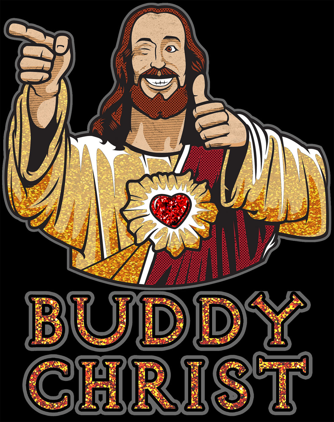 Kevin Smith View Askewniverse Buddy Christ Got Golden Wow Edition Official Men's T-Shirt Black - Urban Species Design Close Up