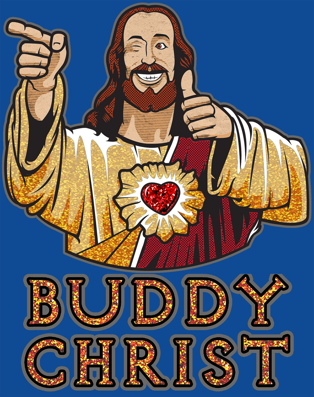 Kevin Smith View Askewniverse Buddy Christ Got Golden Wow Edition Official Men's T-Shirt Blue - Urban Species Design Close Up