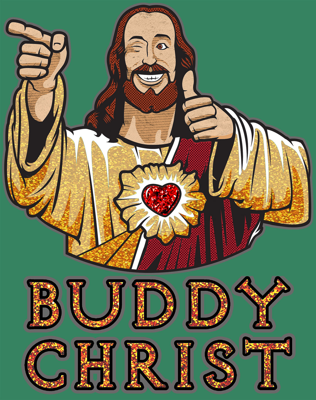Kevin Smith View Askewniverse Buddy Christ Got Golden Wow Edition Official Men's T-Shirt Green - Urban Species Design Close Up