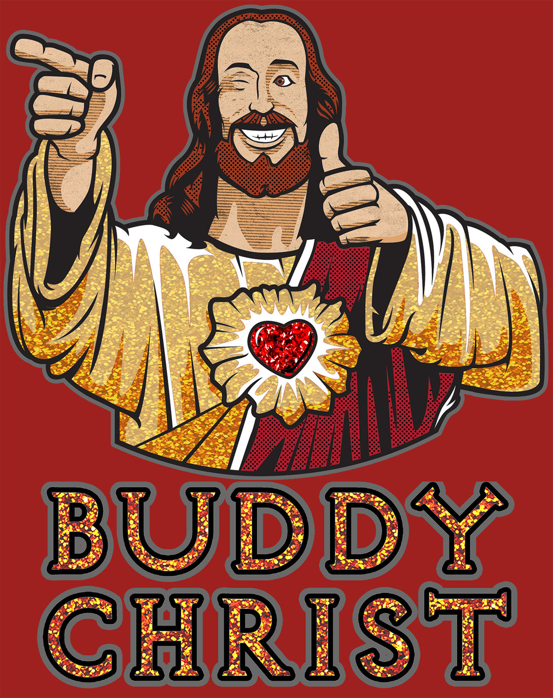 Kevin Smith View Askewniverse Buddy Christ Got Golden Wow Edition Official Men's T-Shirt Rd - Urban Species Design Close Up