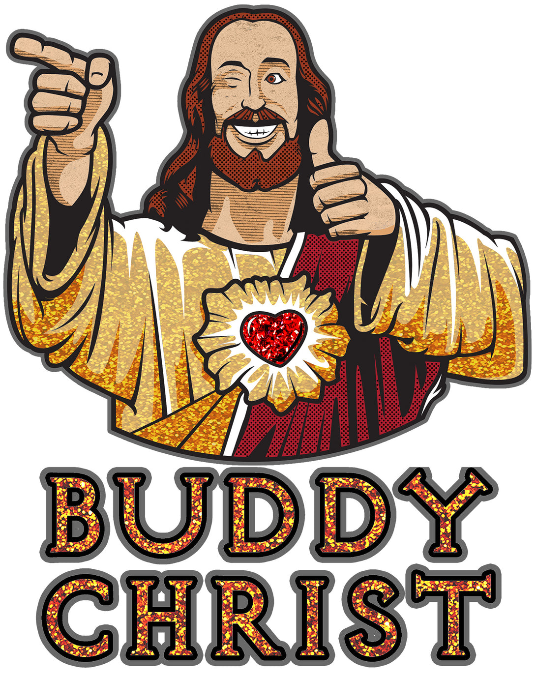 Kevin Smith View Askewniverse Buddy Christ Got Golden Wow Edition Official Men's T-Shirt White - Urban Species Design Close Up