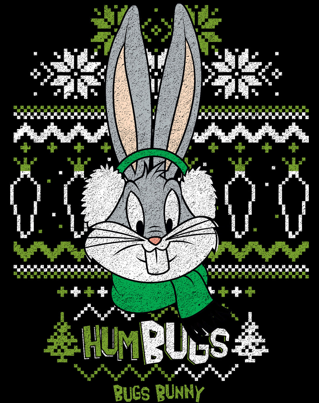 Looney Tunes Bugs Bunny Xmas HumBugs Official Youth T-Shirt Black - Urban Species Design Close Up
