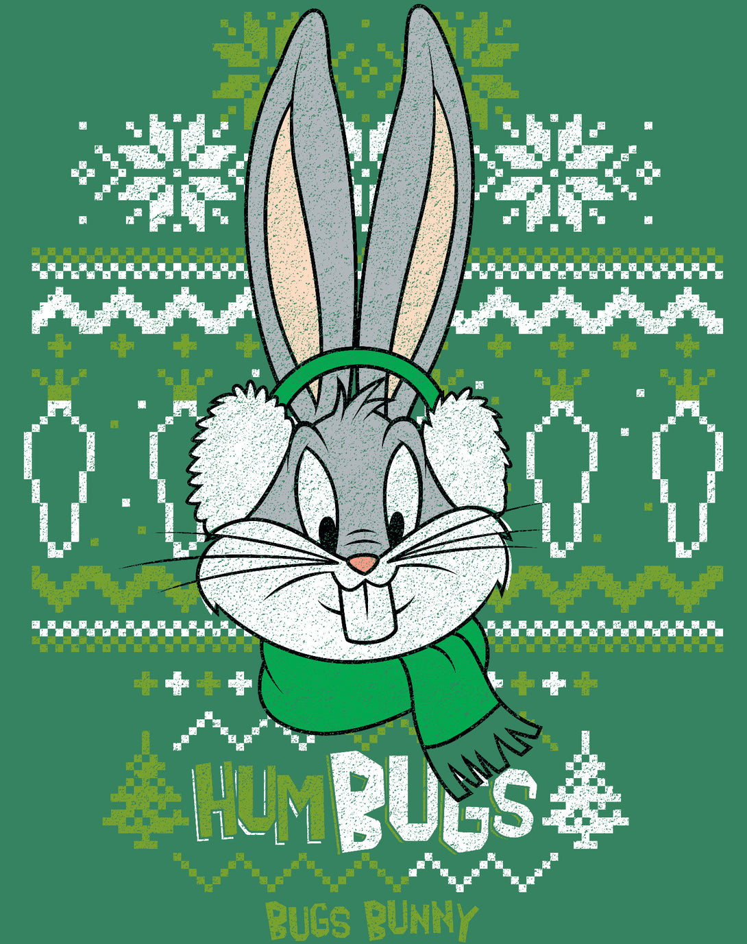 Looney Tunes Bugs Bunny Xmas HumBugs Official Kid's T-Shirt Green - Urban Species Design Close Up