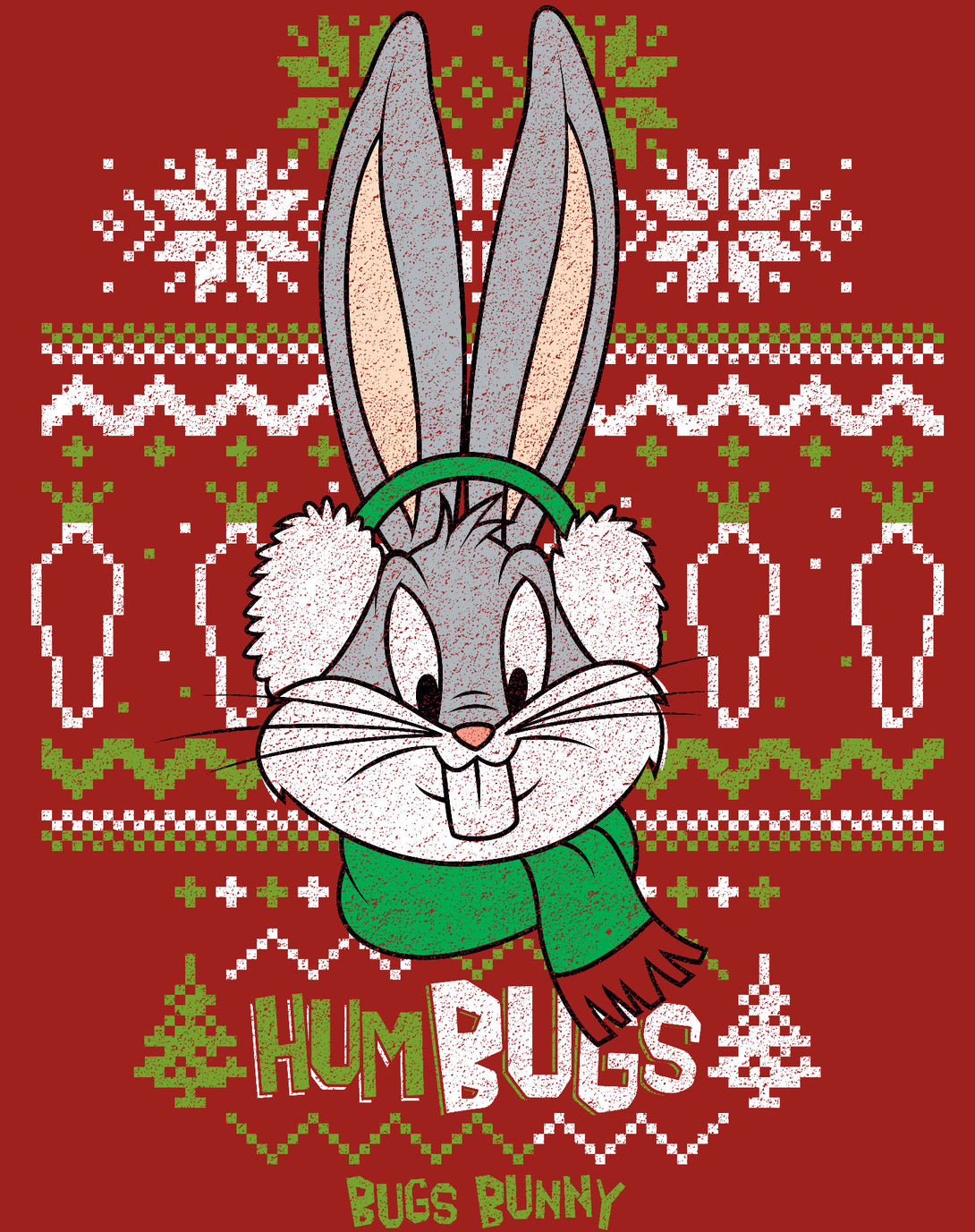 Looney Tunes Bugs Bunny Xmas HumBugs Official Youth T-Shirt Red - Urban Species Design Close Up