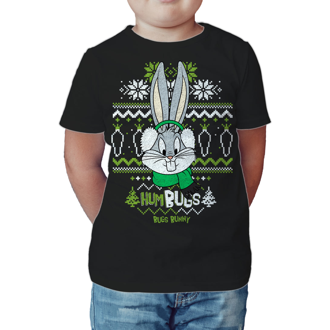 Looney Tunes Bugs Bunny Xmas HumBugs Official Kid's T-Shirt Black - Urban Species