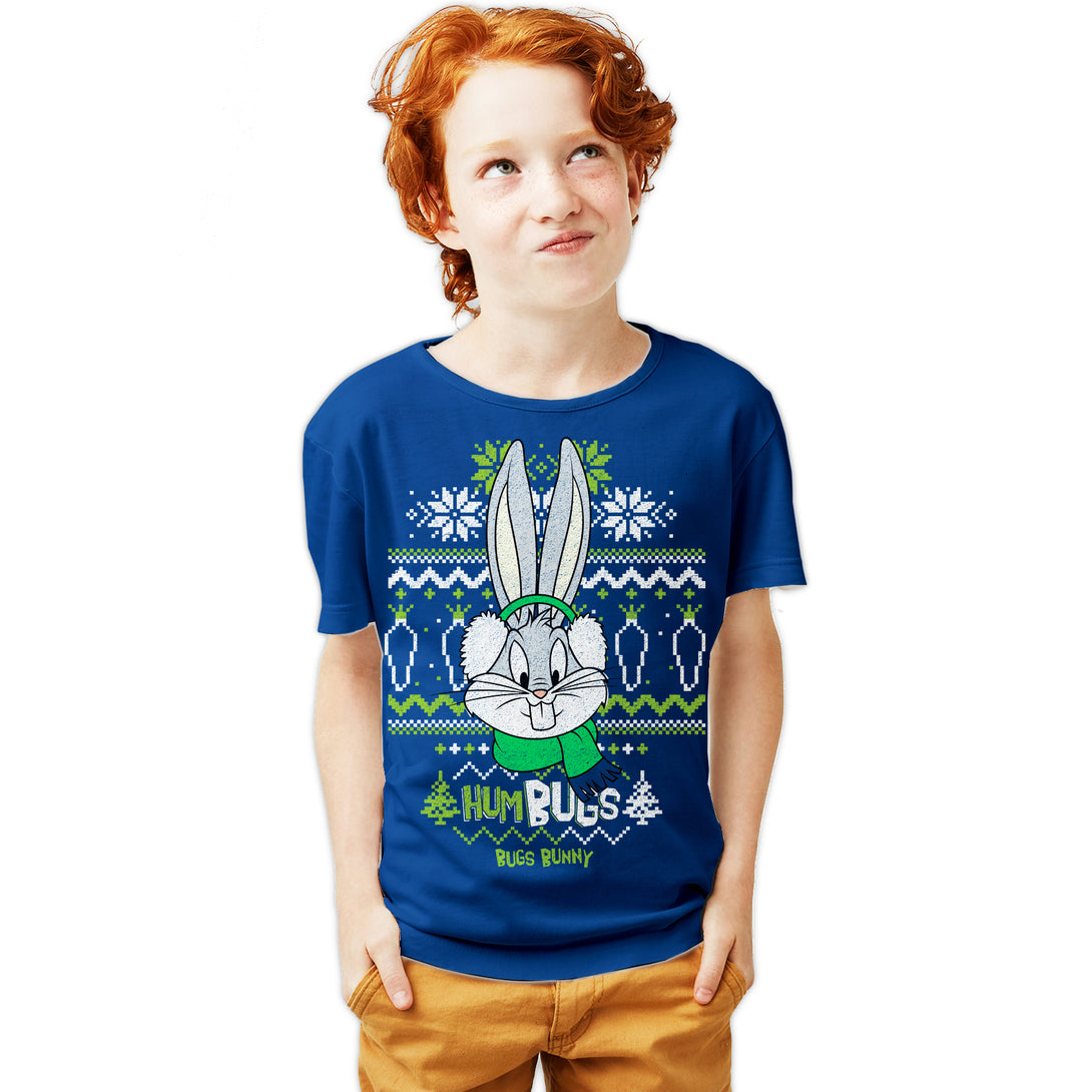 Looney Tunes Bugs Bunny Xmas HumBugs Official Youth T-Shirt Blue - Urban Species