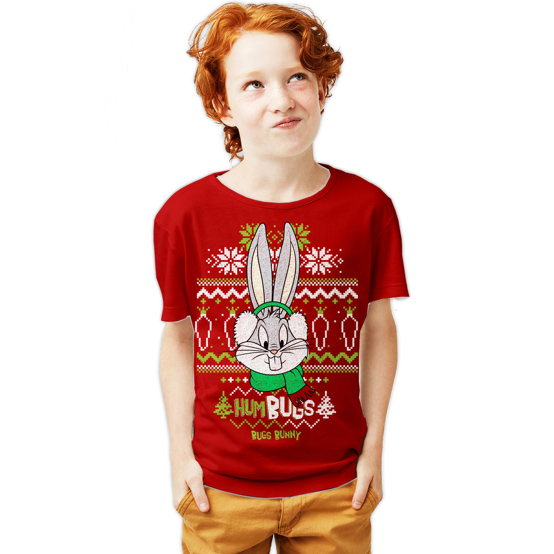 Looney Tunes Bugs Bunny Xmas HumBugs Official Youth T-Shirt Red - Urban Species