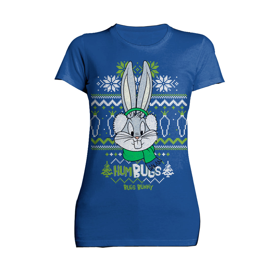 Looney Tunes Bugs Bunny Xmas HumBugs Official Women's T-Shirt Blue - Urban Species