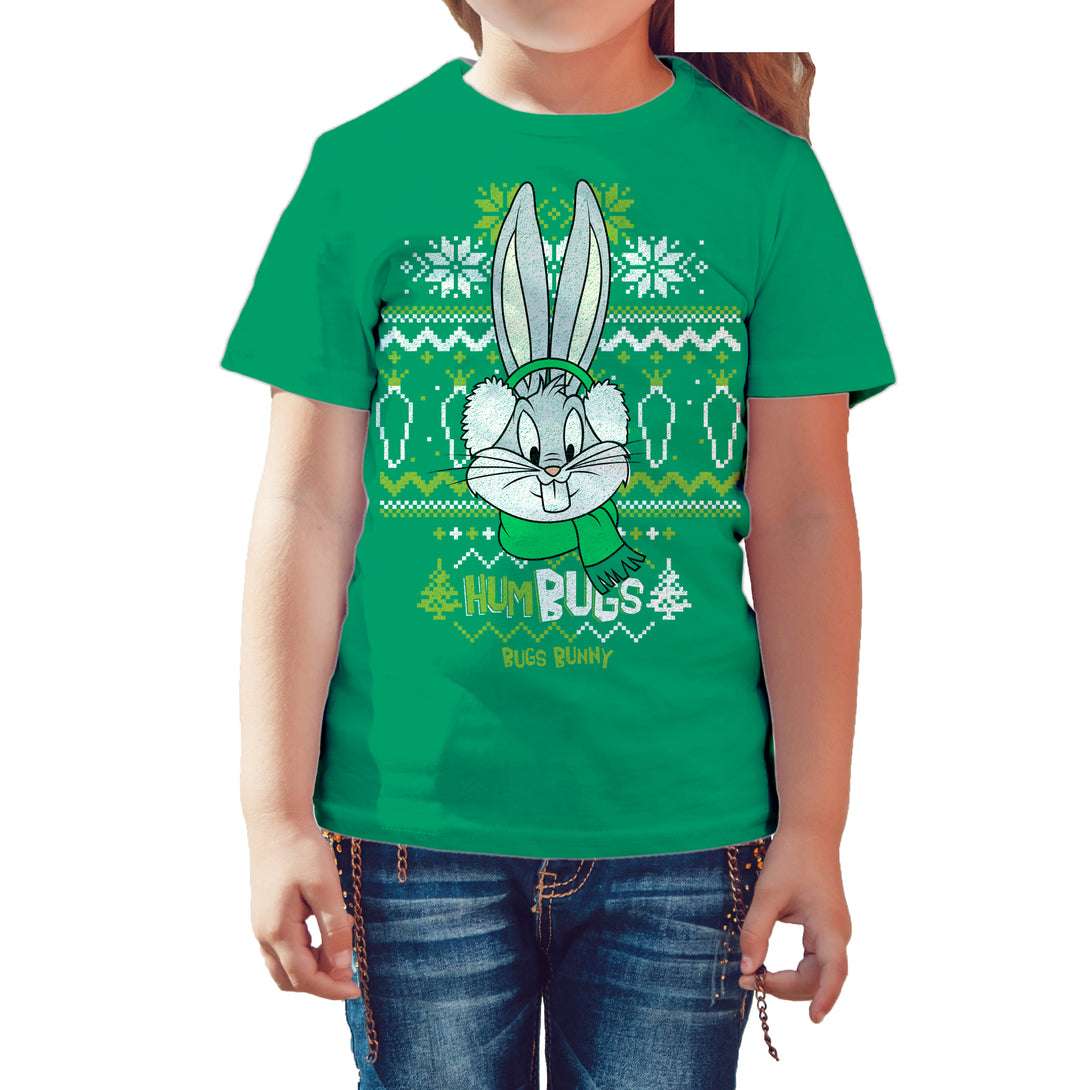 Looney Tunes Bugs Bunny Xmas HumBugs Official Kid's T-Shirt Green - Urban Species
