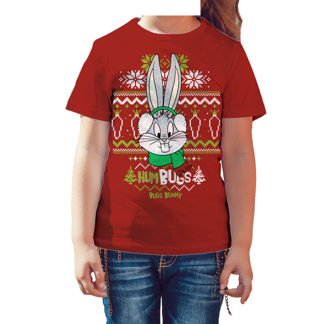 Looney Tunes Bugs Bunny Xmas HumBugs Official Kid's T-Shirt Red - Urban Species