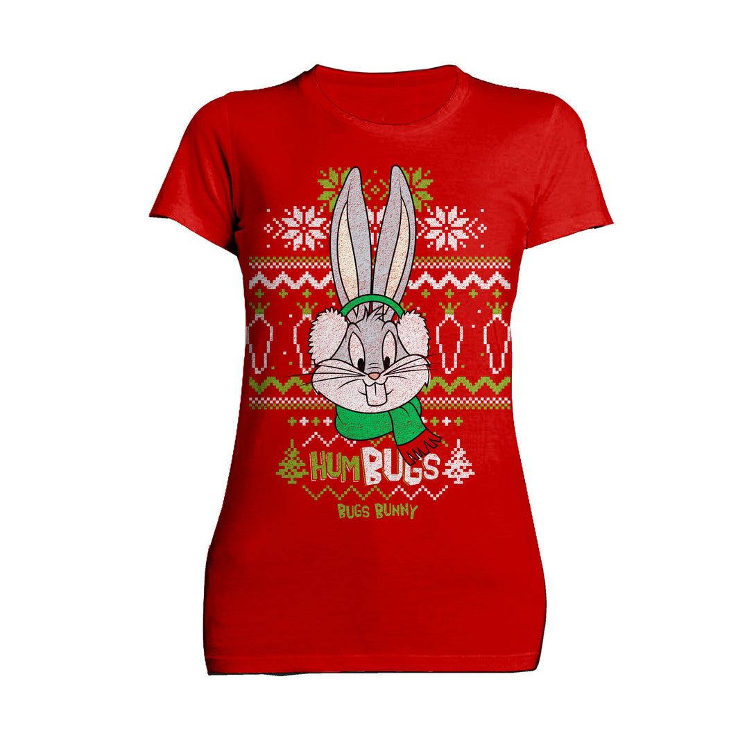 Looney Tunes Bugs Bunny Xmas HumBugs Official Women's T-Shirt Red - Urban Species
