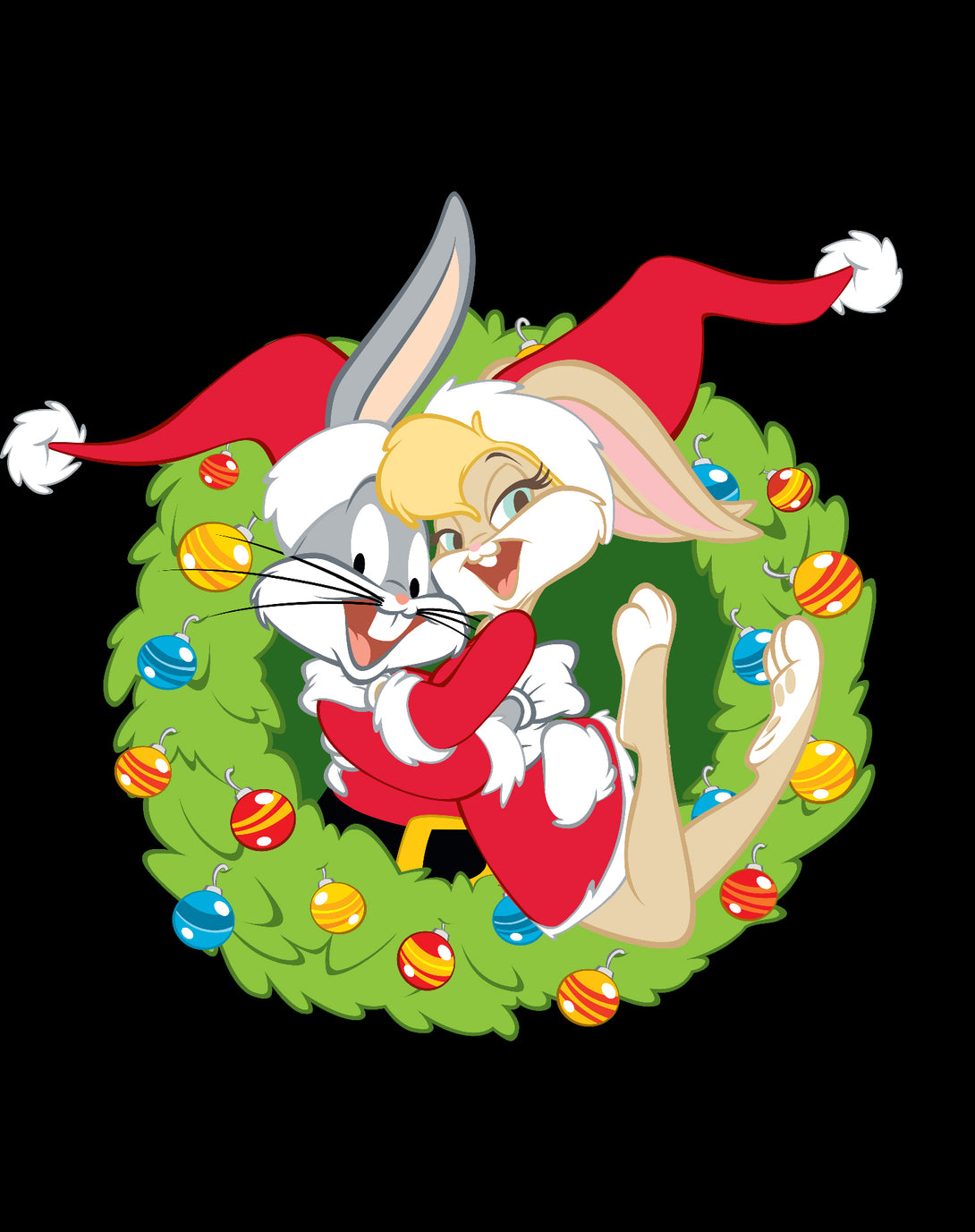 Looney Tunes Bugs Lola Bunny Xmas Santa Official Youth T-Shirt Black - Urban Species Design Close Up