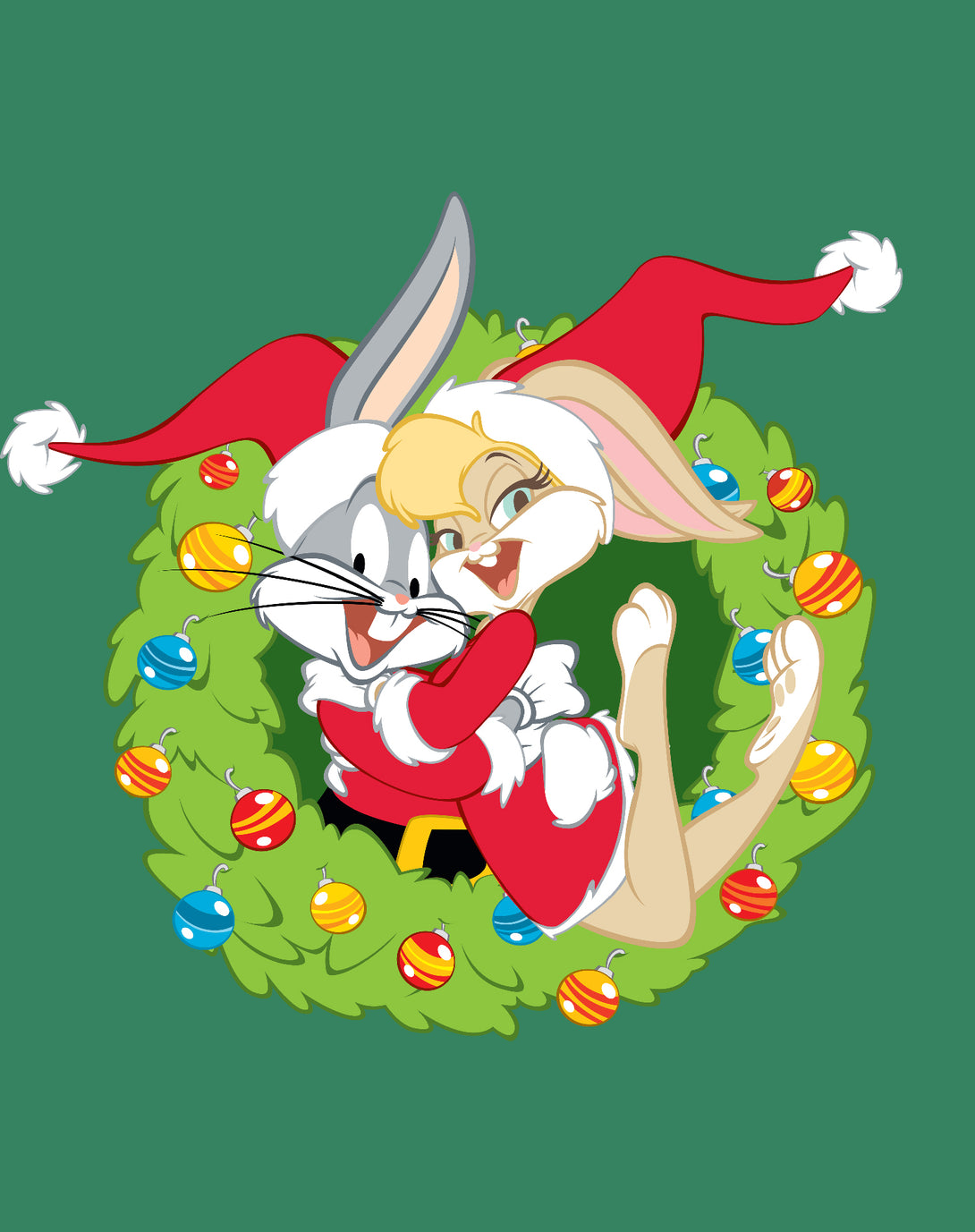 Looney Tunes Bugs Lola Bunny Xmas Santa Official Kid's T-Shirt Green - Urban Species Design Close Up