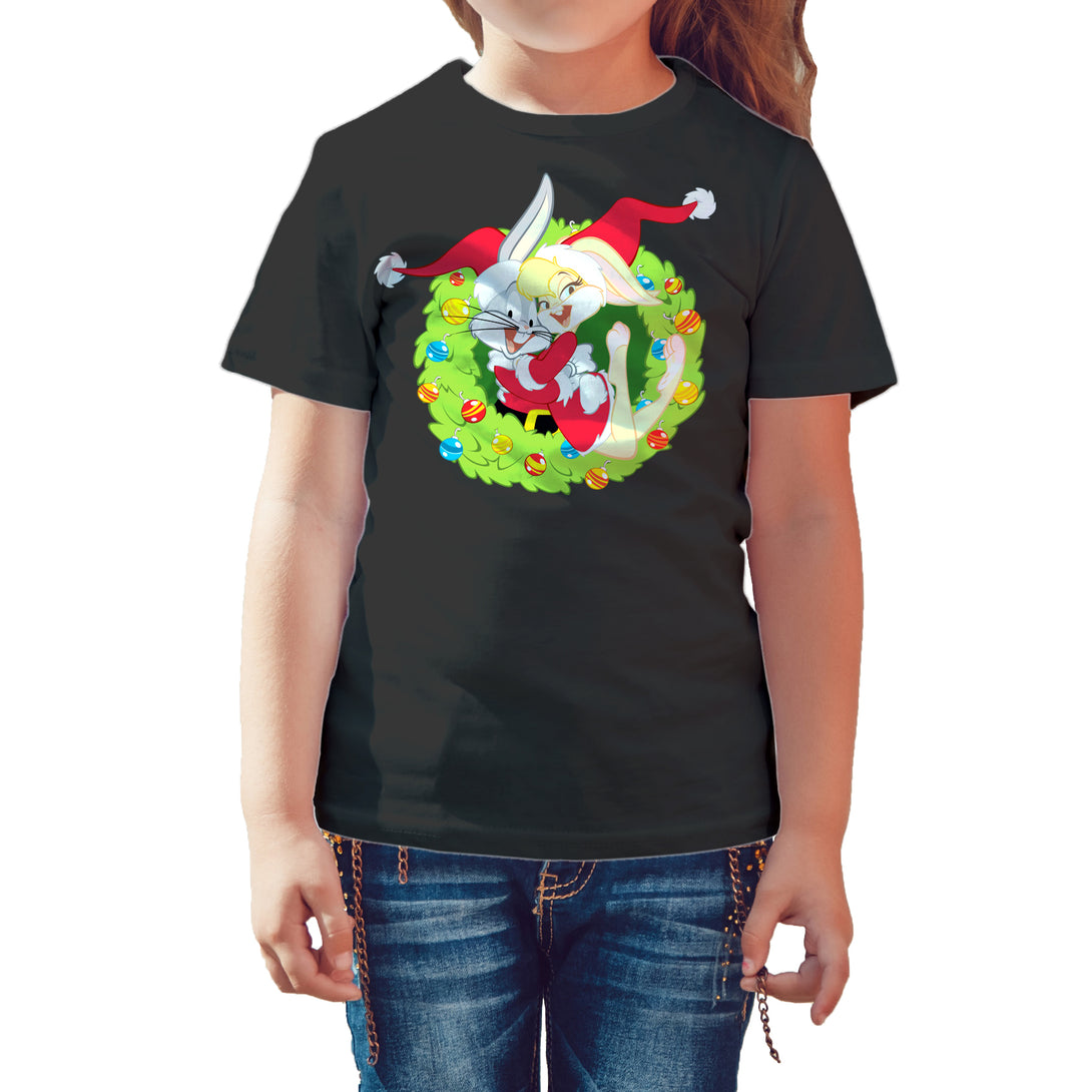 Looney Tunes Bugs Lola Bunny Xmas Santa Official Kid's T-Shirt Black - Urban Species