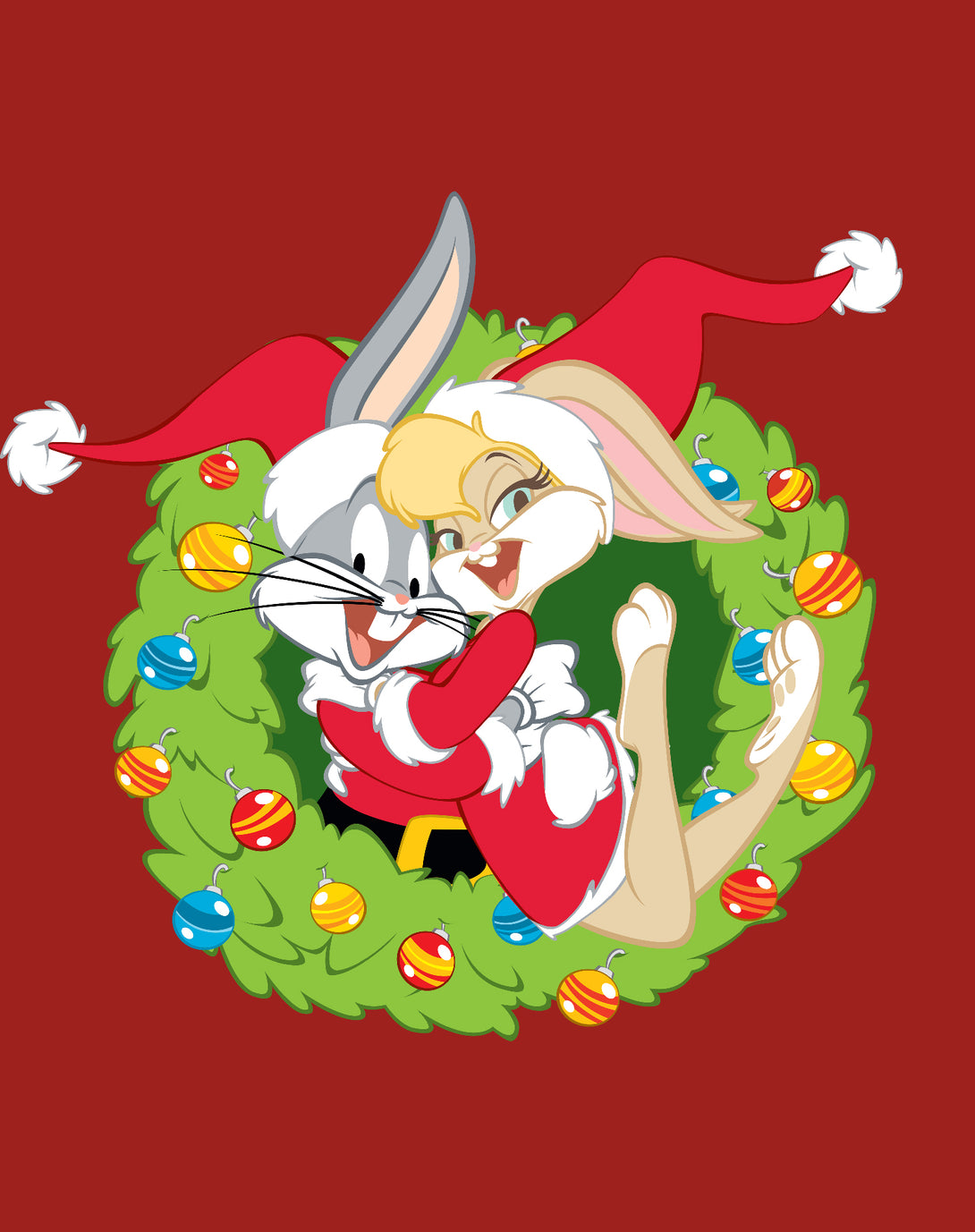 Looney Tunes Bugs Lola Bunny Xmas Santa Official Youth T-Shirt Red - Urban Species Design Close Up